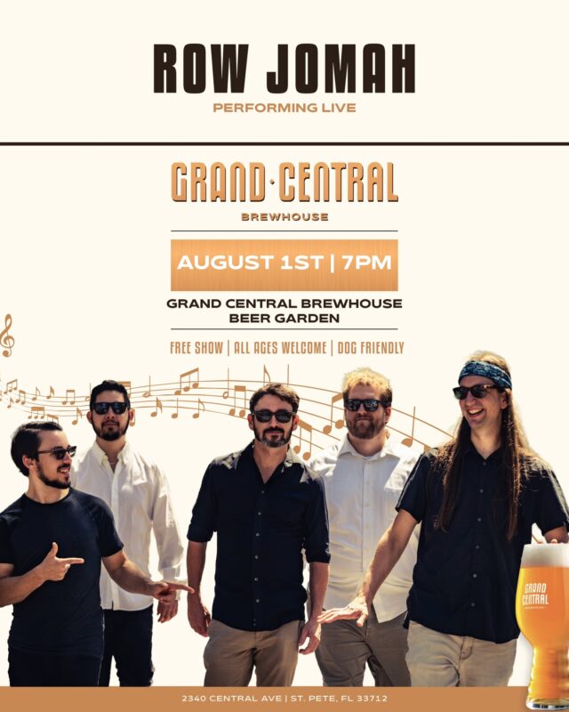 Clearwater-based five-piece Row Jomah hits the stage Friday night, bringing a genre-bending set that pushes the boundaries of rock as you know it.

Known for fusing classic and acoustic rock with touches of funk, blues, folk, world, and fusion, their sound is layered, dynamic, and anything but typical. Each member brings something distinct to the mix; shredding solos from guitarist Melbourne Walsh, intricate bass from Jason Berlin, rhythmic precision from Dylan Chee-A-Tow, rich textures from Austin Llewellyn on keys, and the unmistakable voice and rhythm guitar work of Joe Roma.

With the possibility of surprise guests and setlists that never stay in one lane, a Row Jomah show is always full of unexpected turns. Music starts at 7 PM.