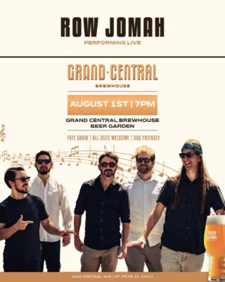 Clearwater-based five-piece Row Jomah hits the stage Friday night, bringing a genre-bending set that pushes the boundaries of rock as you know it.

Known for fusing classic and acoustic rock with touches of funk, blues, folk, world, and fusion, their sound is layered, dynamic, and anything but typical. Each member brings something distinct to the mix; shredding solos from guitarist Melbourne Walsh, intricate bass from Jason Berlin, rhythmic precision from Dylan Chee-A-Tow, rich textures from Austin Llewellyn on keys, and the unmistakable voice and rhythm guitar work of Joe Roma.

With the possibility of surprise guests and setlists that never stay in one lane, a Row Jomah show is always full of unexpected turns. Music starts at 7 PM.