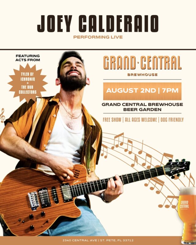 On Saturday, August 2nd, we’re stacking the lineup with three live acts you won’t want to miss. The night opens with a solo performance from Tyler of Ichroniq, followed the Dub Collectors. Then Joey Calderaio closes things out with his full band, bringing his signature blend of reggae, rock, and pop. Music starts at 7 PM and runs through the night. Come grab a beer and enjoy the whole show.