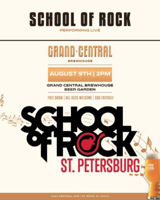 On Saturday, August 9 from 2 to 5 PM, students from @schoolofrock_stpete will take the stage at Grand Central Brewhouse. This local music school helps musicians of all ages and skill levels grow through hands-on instruction and live performance. From young beginners to seasoned teens, come support these rising stars and see what they’ve been working on. It’s always an inspiring afternoon.