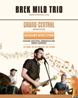 Saturday, August 9 at 7 PM, the Brek Milo Trio returns to the beer garden. Brek blends intimate, lyrical songwriting with impressive guitar work, creating a set that is both heartfelt and musically rich. It is a great way to spend a summer evening, filled with thoughtful lyrics, layered melodies, and serious musicianship.